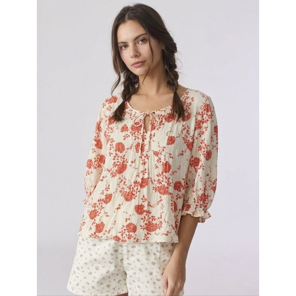 Papermoon Cream Blouse with Orange-Red Floral Print